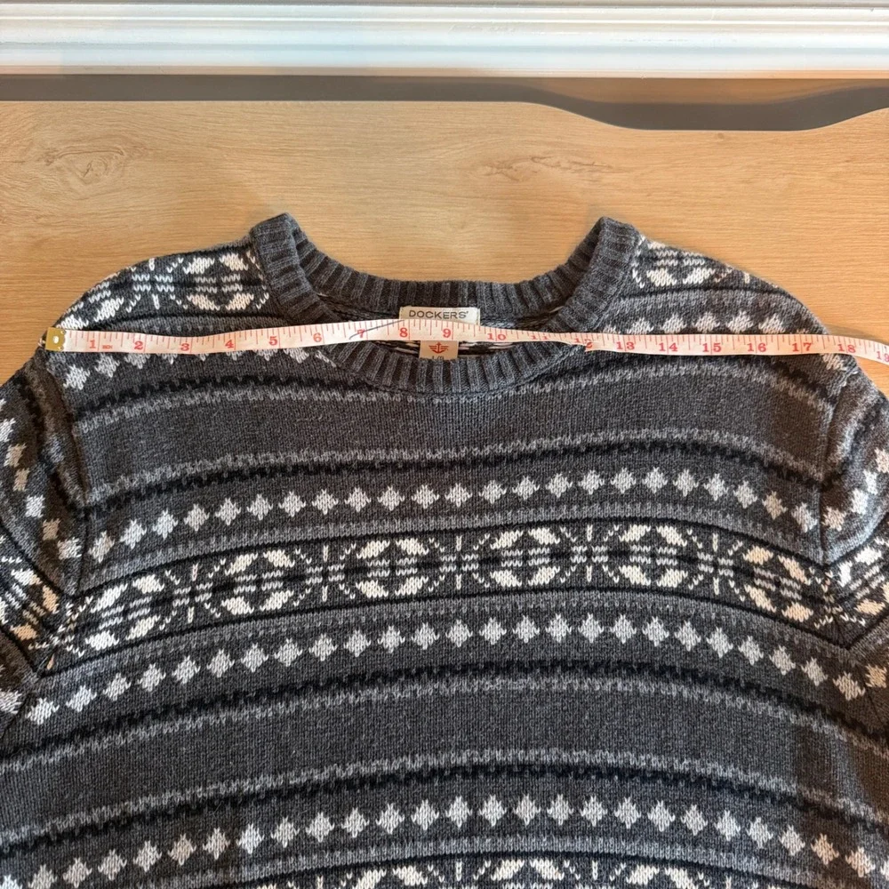 Dockers Mens Fair Isle Crewneck Sweater Gray‎ Black White Cotton Knit Large